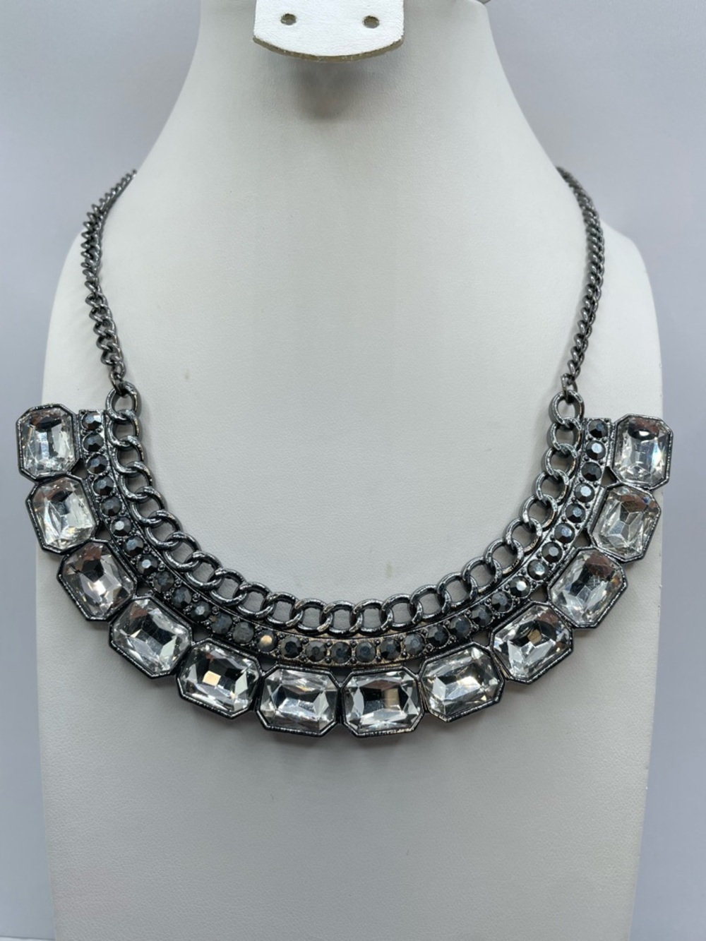 Silver Chain Necklace Chunky Diamond White Crystal Rhinestone Statement Glam